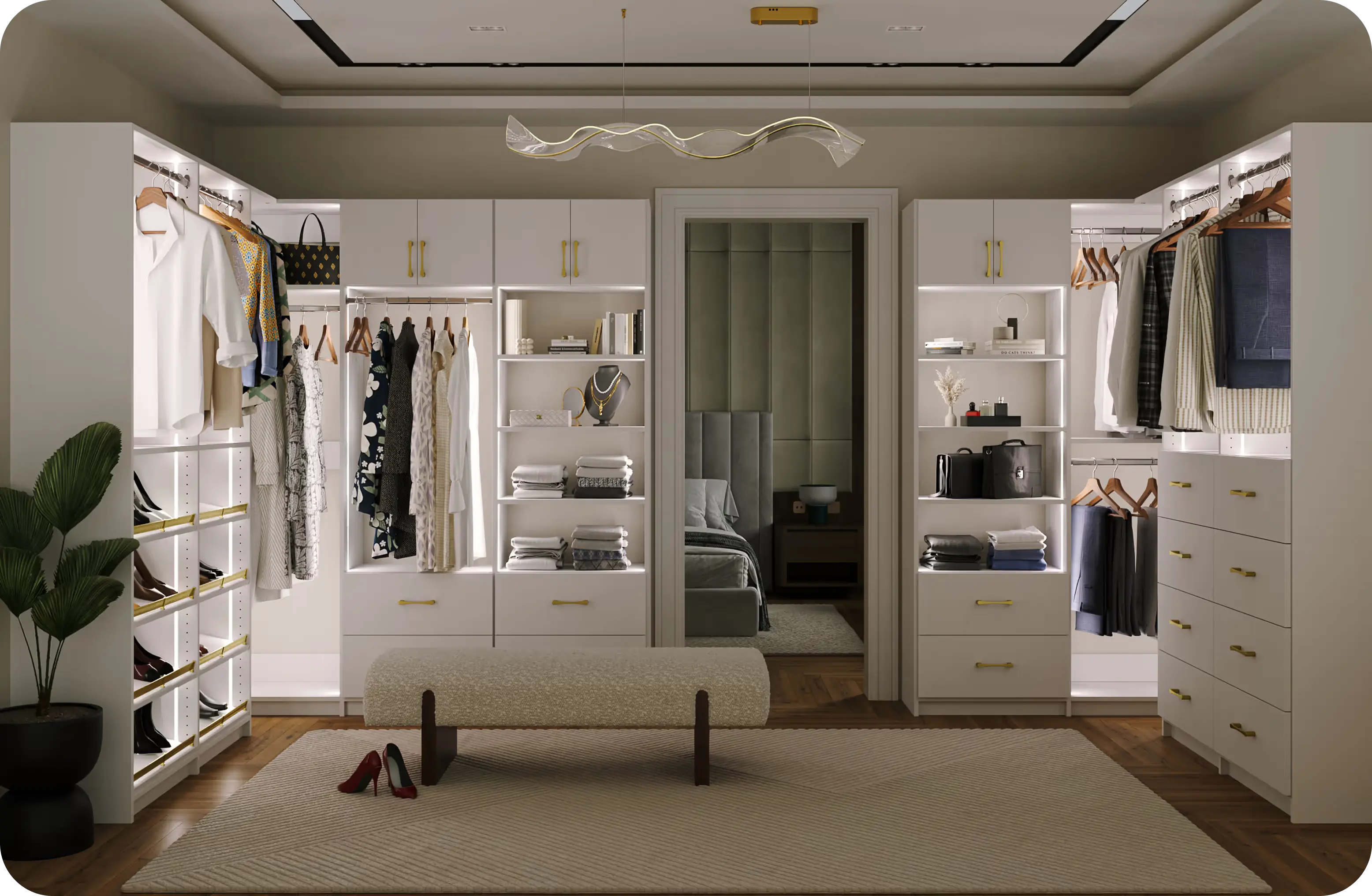 Alto walk-in with gold hardware and ottoman