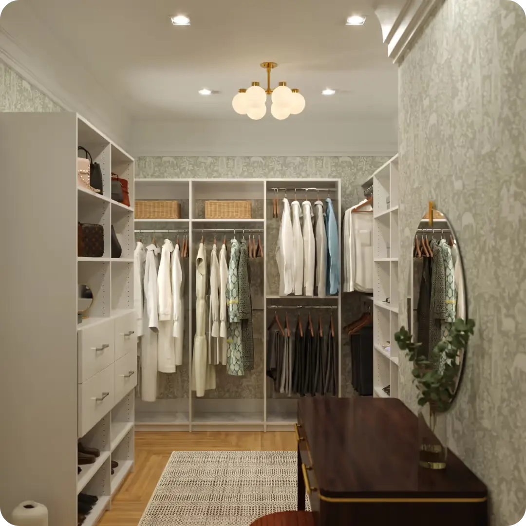 Alto walk-in closet in wallpapered room