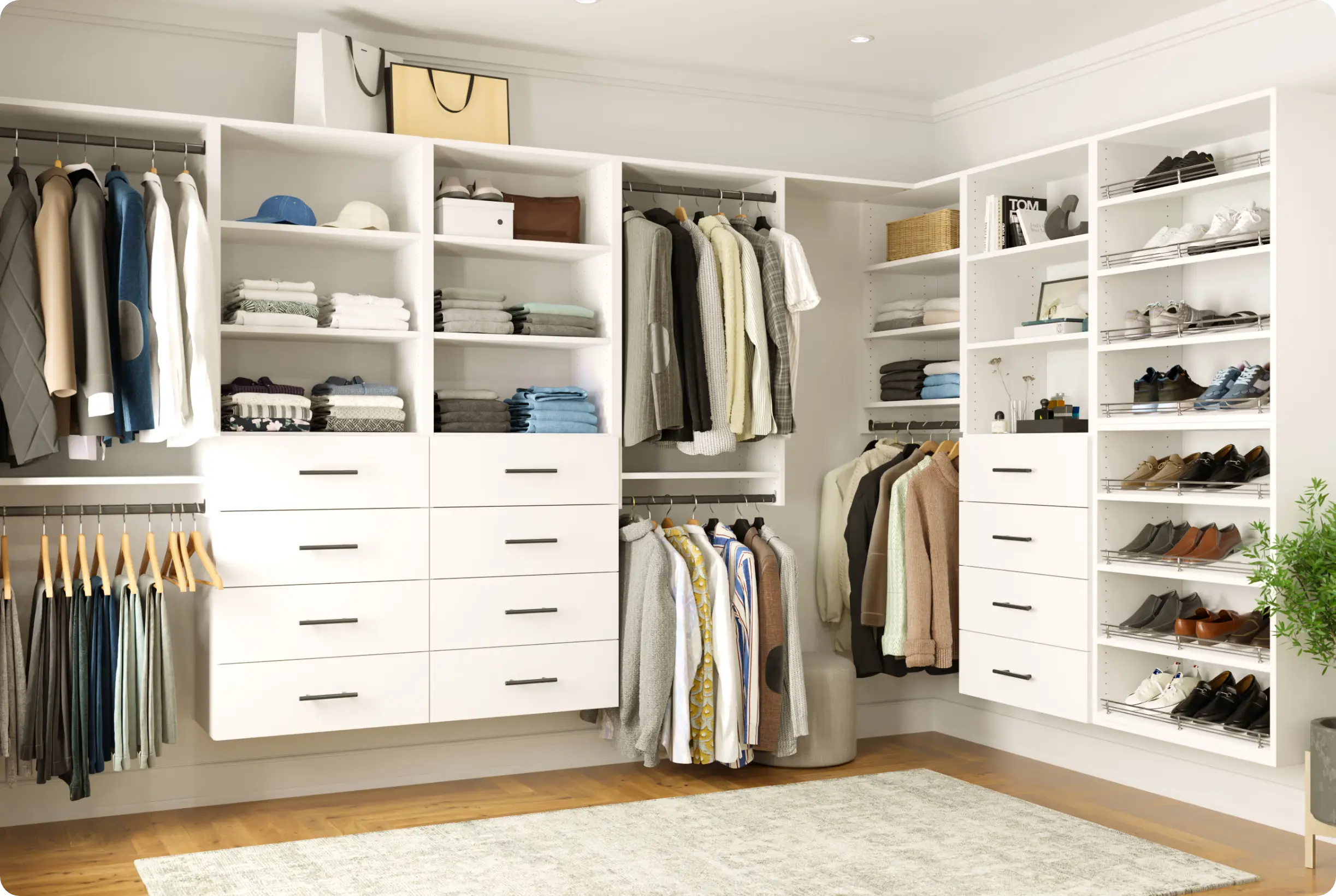 Vista Collection - white custom closet system with shelves, drawers, shoe racks, and hanging rods